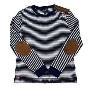 Lauren Ralph Lauren Top Womens XL Blue‎ White Striped Suede Elbow Patch